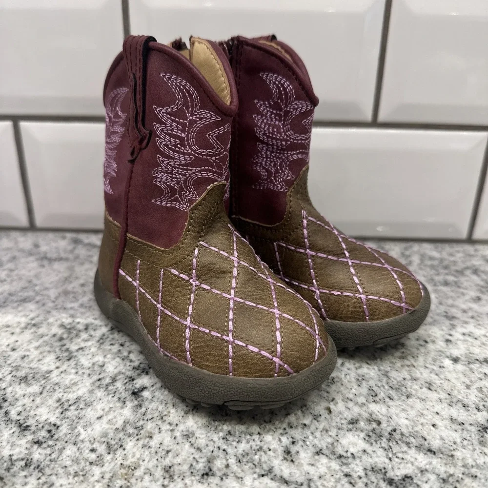 Roper Infant Girls Cowboy Boots 4 Purple Brown Western Embroidered Soft Sole New